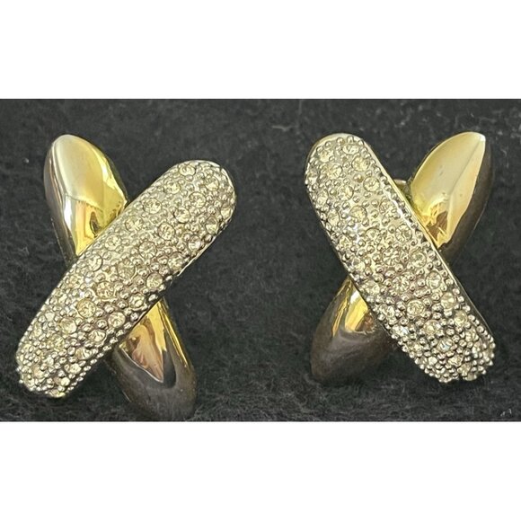 Vtg 90s Mogul gold tone & silver pave crystal designer inspired clip earrings - Picture 4 of 7